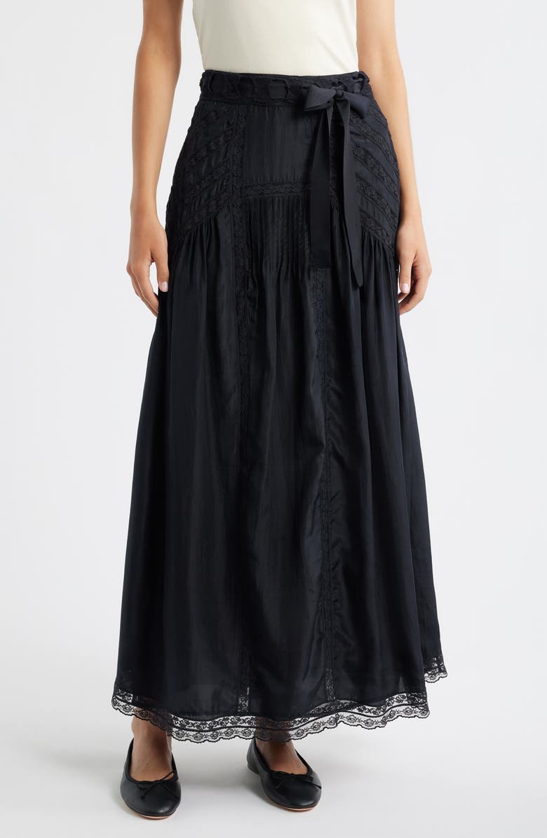 LoveShackFancy Beloria Lace Trim Silk Maxi Skirt, Main, color, Black