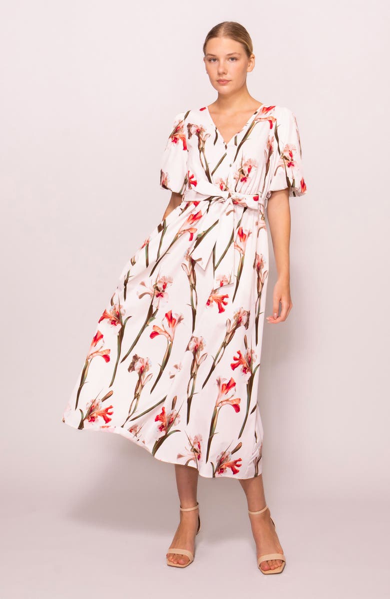 MELLODAY Tie Waist Midi Dress, Alternate, color, Ivory Red