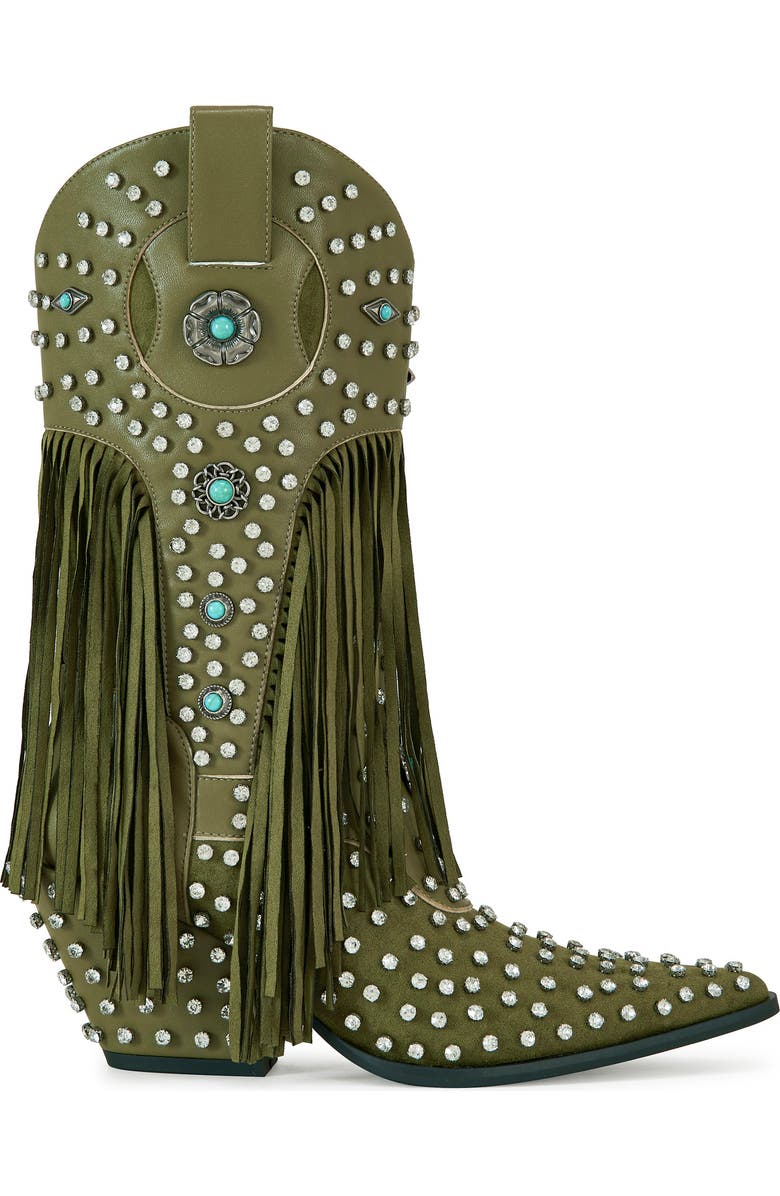 AZALEA WANG Greyson Fringe & Stud Cowboy Boot, Alternate, color, Olive