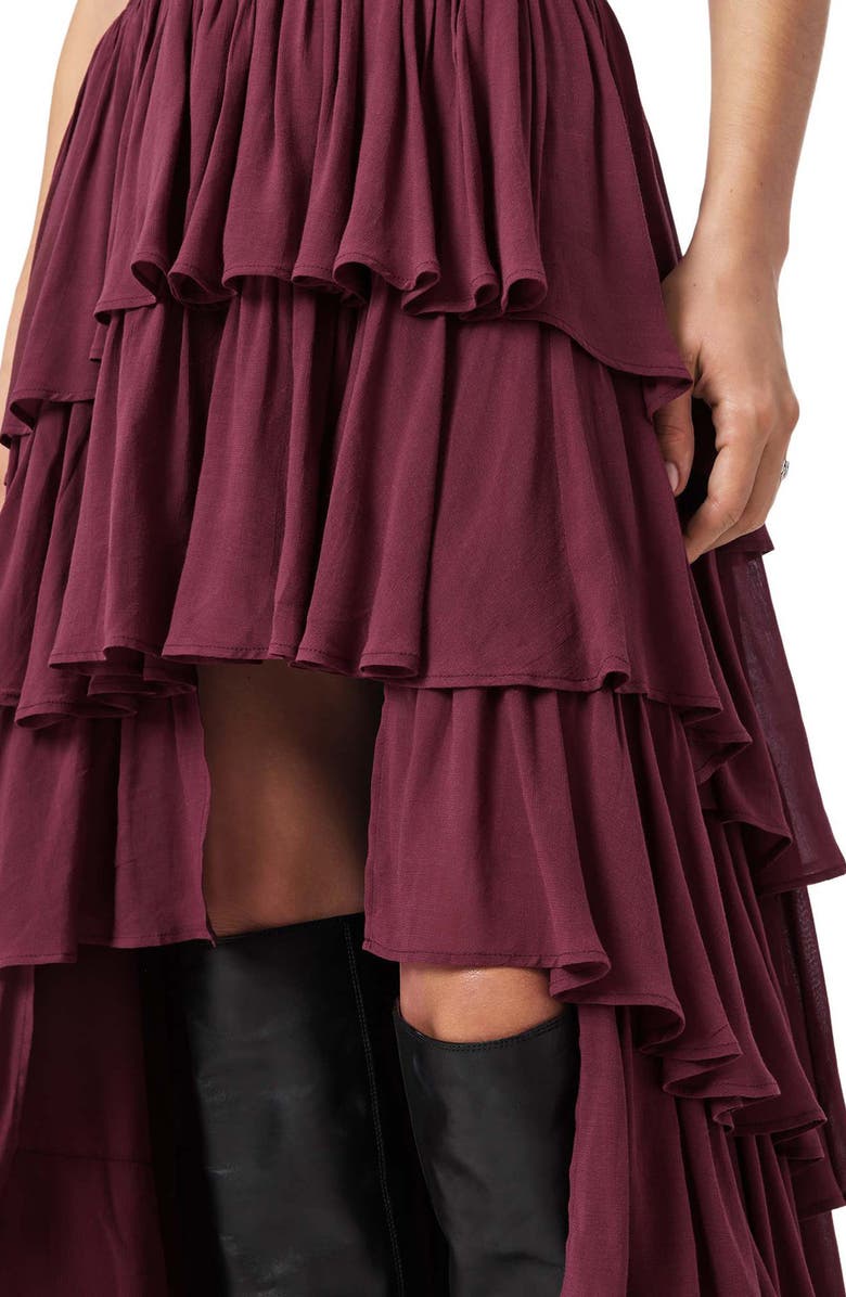 AllSaints Cavarly Layered Ruffle High-Low Maxi Skirt, Alternate, color, Tawny Port Red
