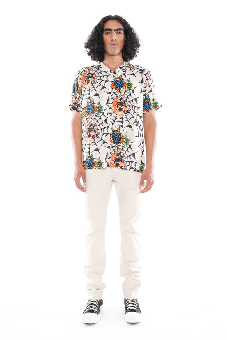 Yakuza Short Sleeve Cotton Button-Up Shirt, Alternate, color, CREAM