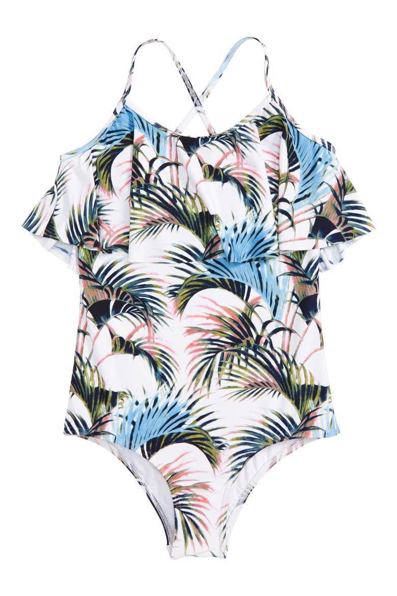 Palm Ruffle One-Piece Swimsuit, Main, color, MULTI WHITE