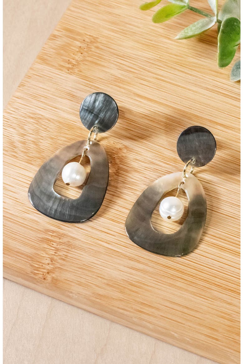 Mother-of-Pearl Hollow Earrings with Inner Pearl, Alternate, color, Black