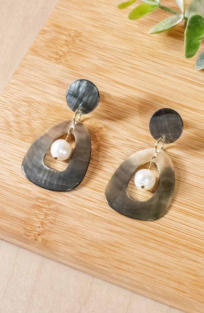 LIKHA Mother-of-Pearl Hollow Earrings with Inner Pearl, Alternate, color, Black