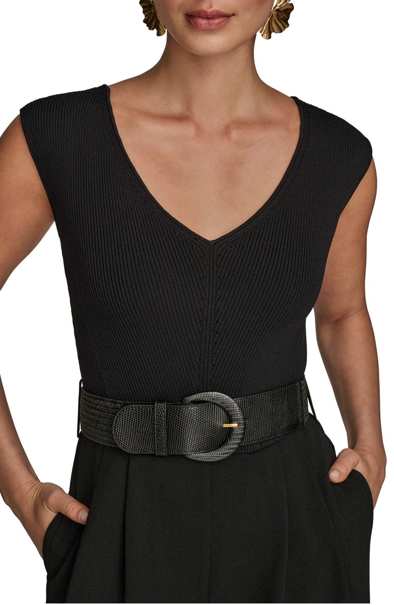 Donna Karan New York Sleeveless Belted Mixed Media Jumpsuit, Alternate, color, Black/ Black