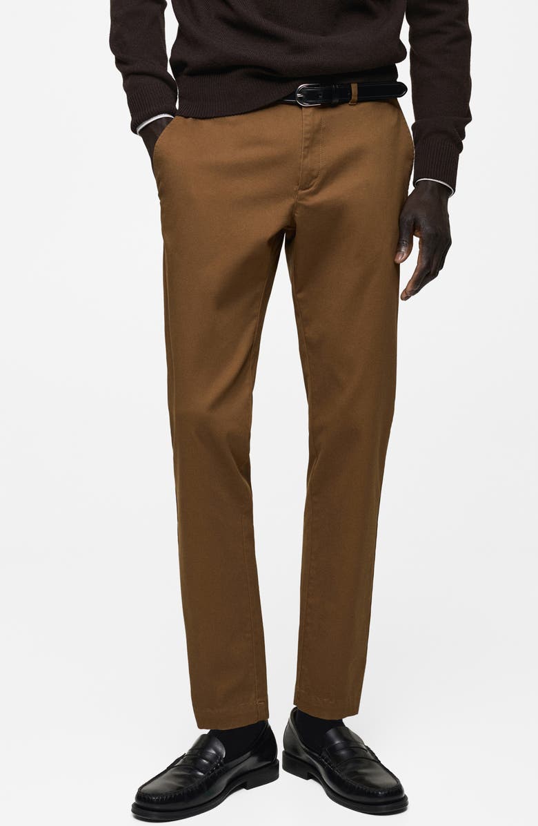 MANGO Slim Fit Flat Front Cotton Stretch Twill Chinos, Main, color, Brown