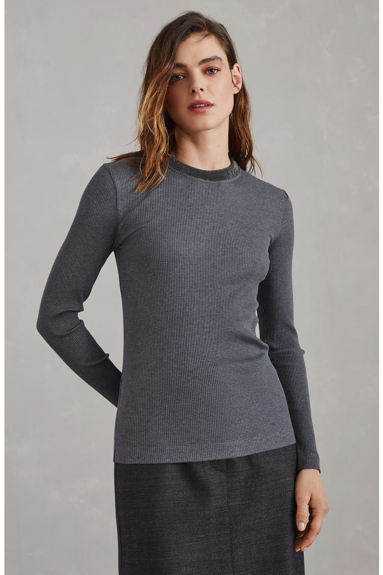 Comfort cotton ribbed jersey T-shirt with precious collar, Alternate, color, Dark Grey