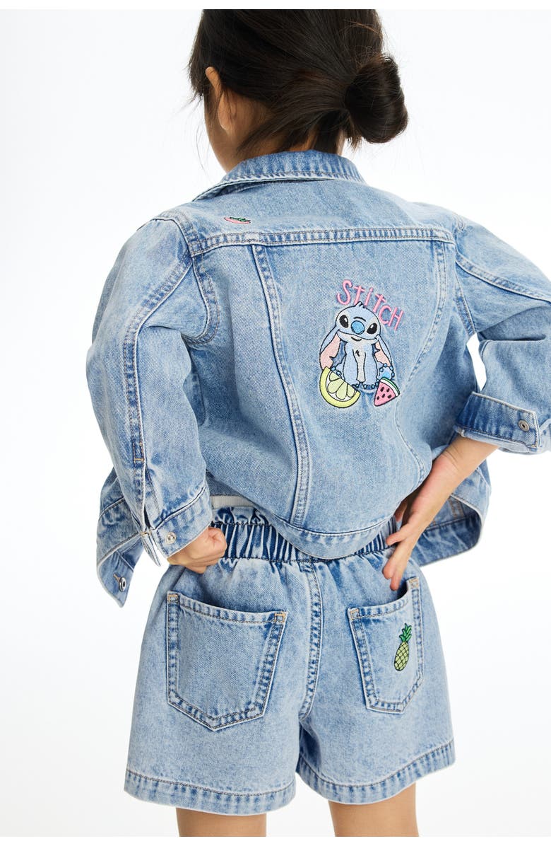 H&M Loose fit denim shorts, Alternate, color, Light Denim Blue/Lilo & Stitch