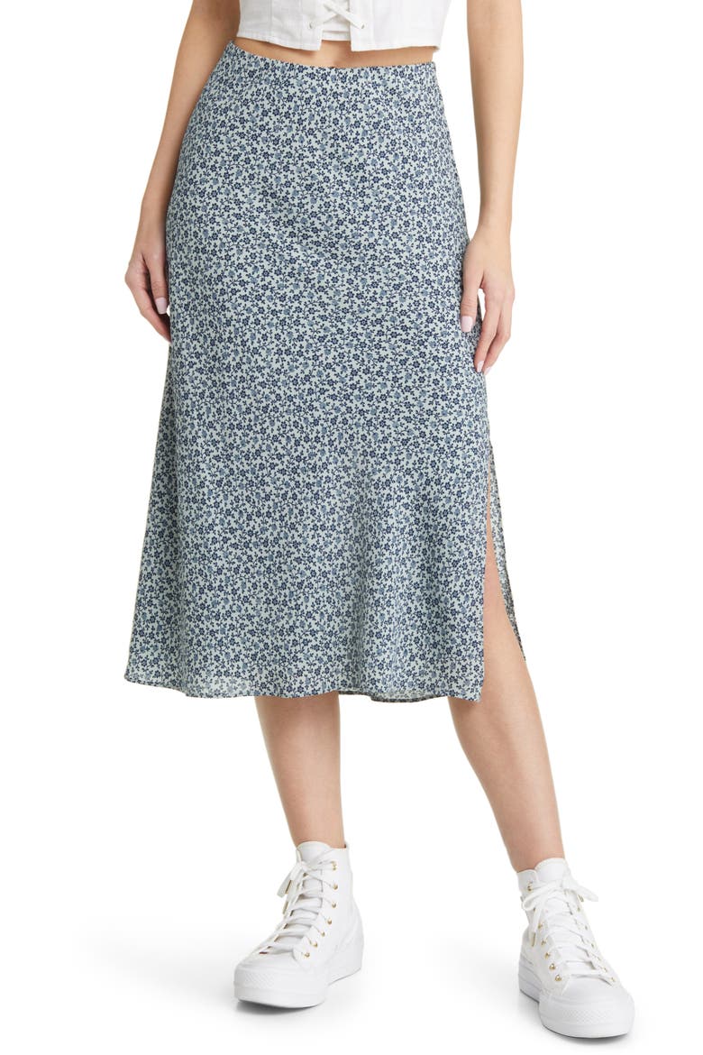 Floral Print Side Slit Midi Skirt, Main, color, GREEN- BLUE CALICO DITSY
