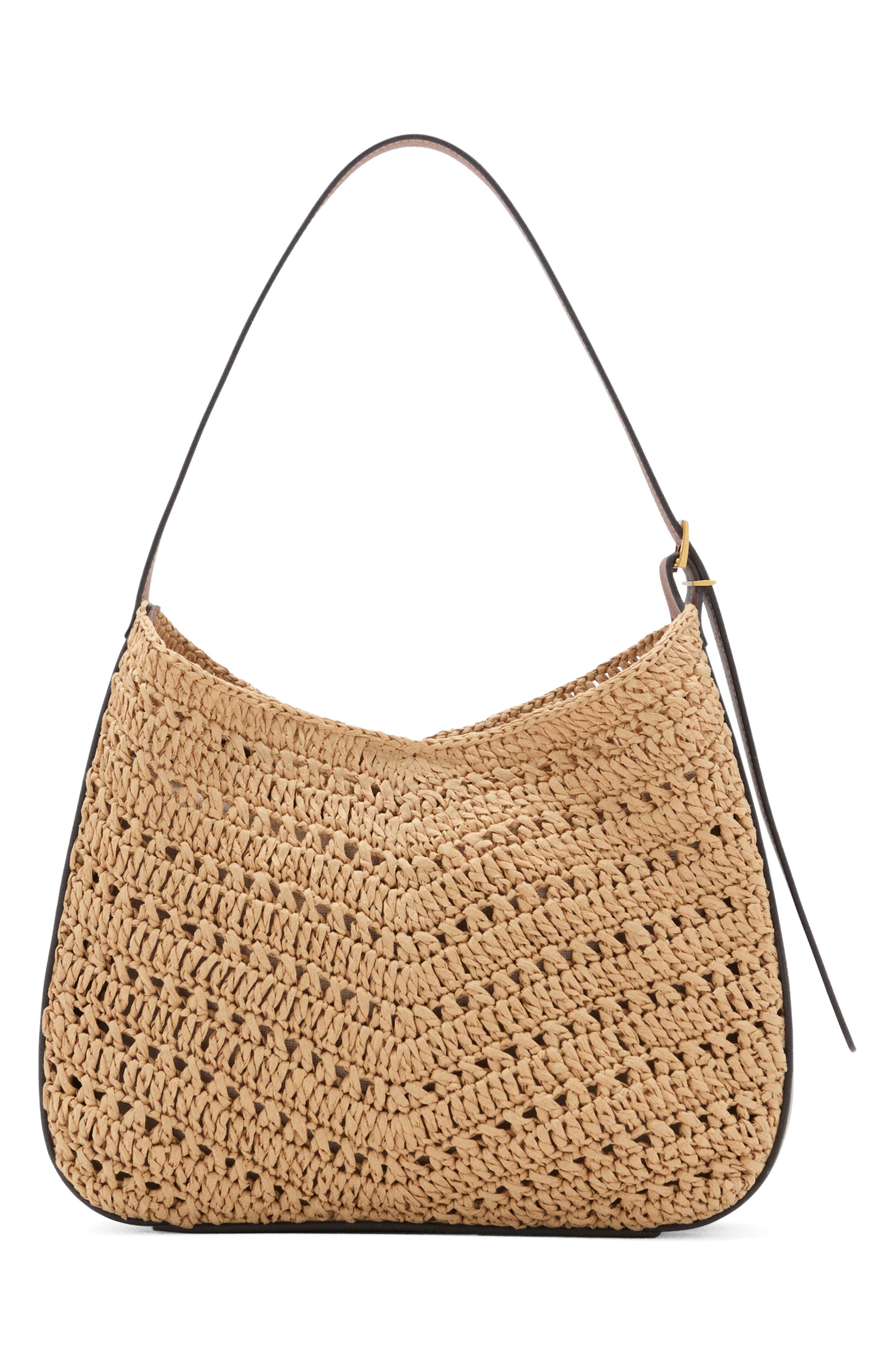 MANGO Woven Straw Shoulder Bag, Main, color, Beige Straw/ Brown Leather