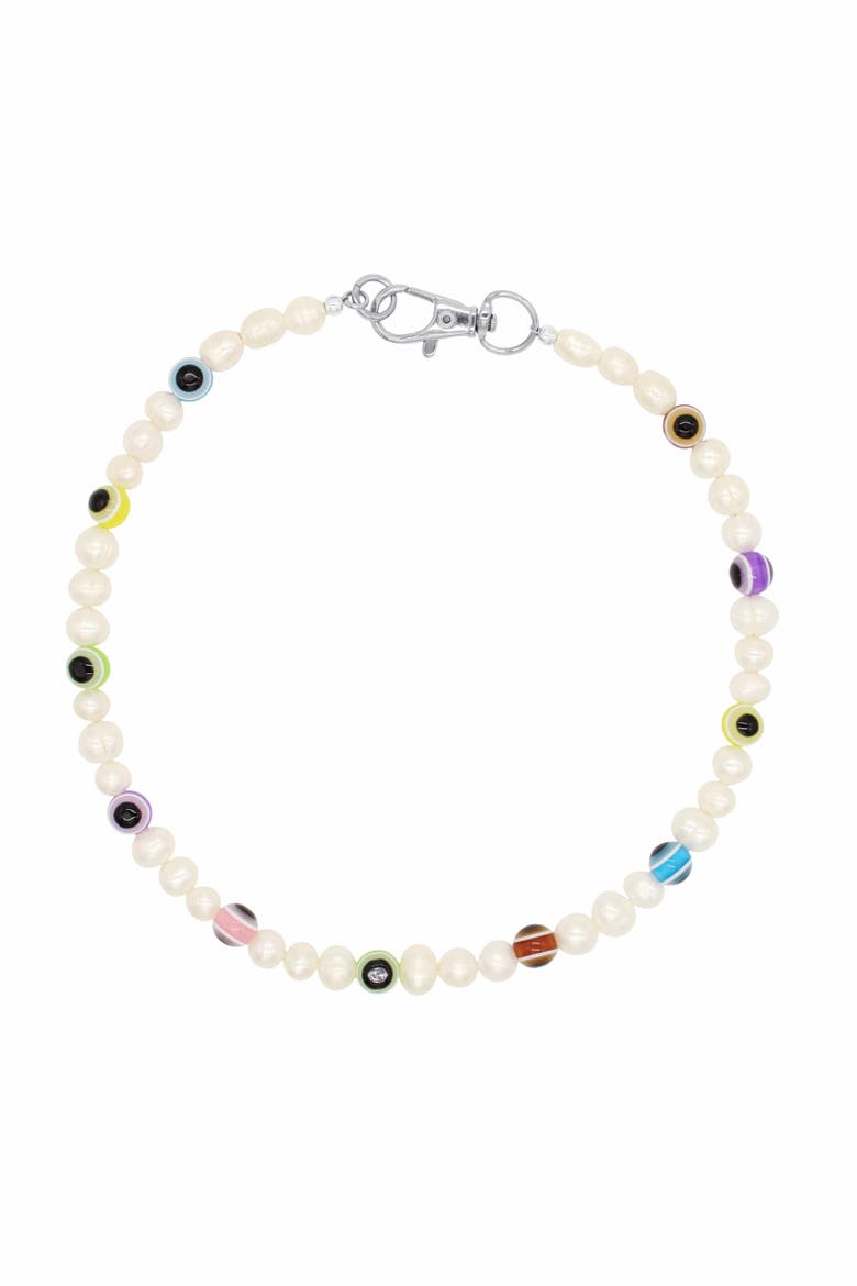 Pearl Necklace With Multicolor Evil Eye Beads, Main, color, Multi Colored