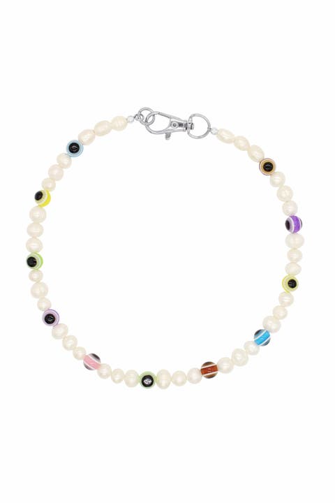 Pearl Necklace With Multicolor Evil Eye Beads