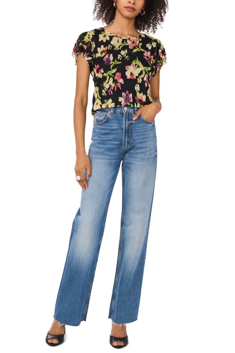 Floral Print Ruffle Sleeve Mesh Top, Alternate, color, RICH BLACK