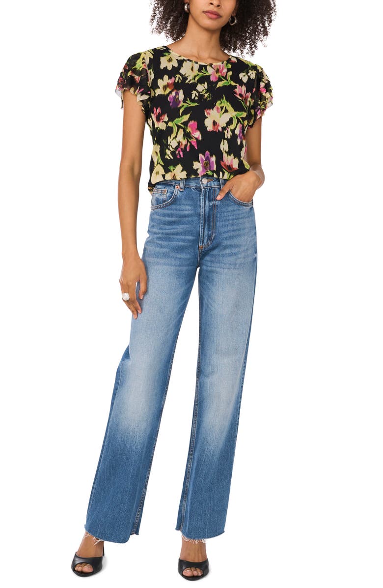 Vince Camuto Floral Print Ruffle Sleeve Mesh Top, Alternate, color, Rich Black