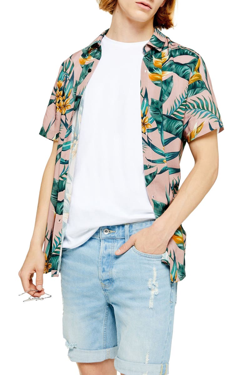 Topman Slim Fit Floral Print Short Sleeve Button-Up Shirt, Main, color,