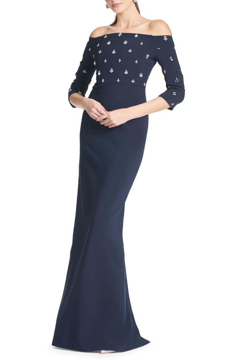 Amarette Crystal Detail Off the Shoulder Stretch Crepe Gown, Main, color, DARK MIDNIGHT