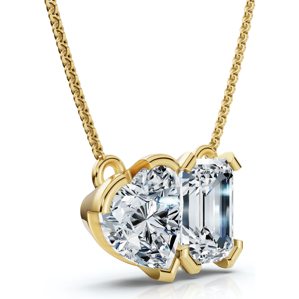 Bliss Diamond 2ct Toi Et Moi Heart Emerald Diamond Pendant 14k Gold Necklace Lab Grown In Yellow Gold