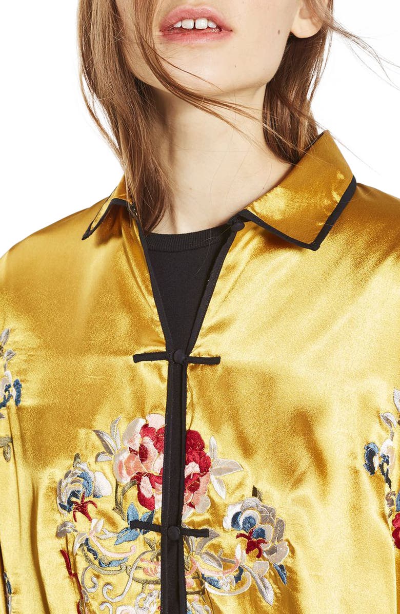 Topshop Embroidered Satin Kimono Jacket, Alternate, color, 