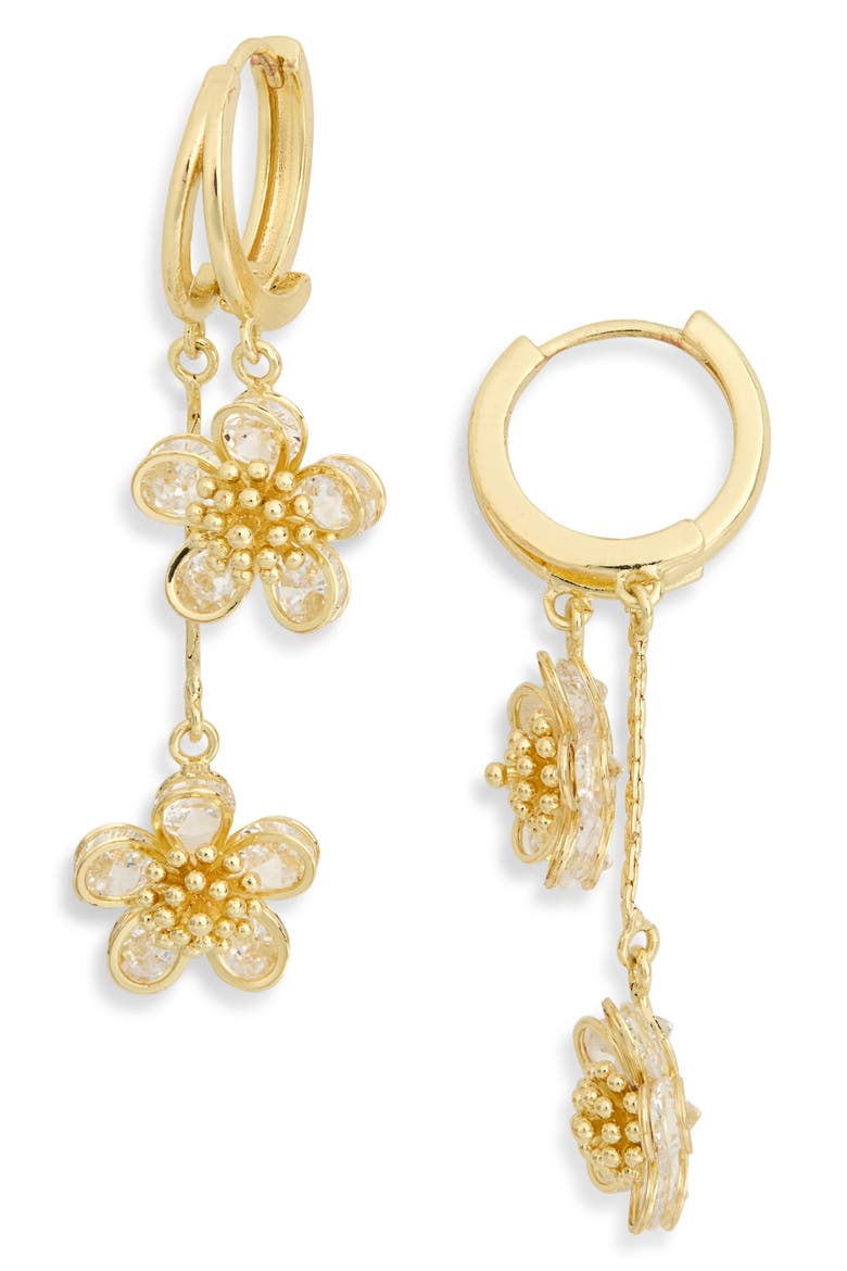Kaia Cubic Zirconia Flower Drop Huggie Hoop Earrings, Main, color, GOLD