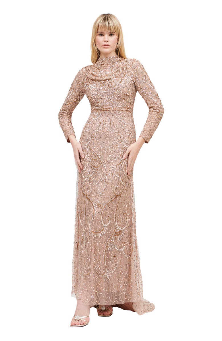 MARYISA Modest Embellished Sequin Beaded Maxi Dress With Cowl Neck And Trail, Main, color, Taupe Blush
