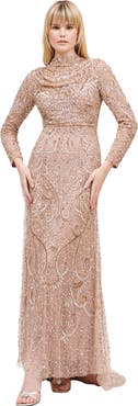 MARYISA Modest Embellished Sequin Beaded Maxi Dress With Cowl Neck And Trail