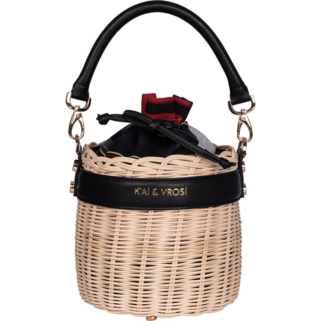 Kai & Vrosi K'ai & Vrosi Leather & Straw Bucket Bag With Drawstring In Black