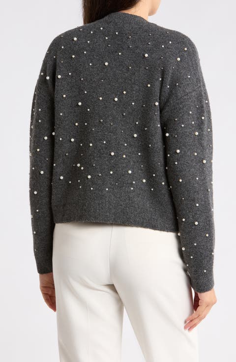 Faux Pearl Embellished Sweater Bomber Jacket