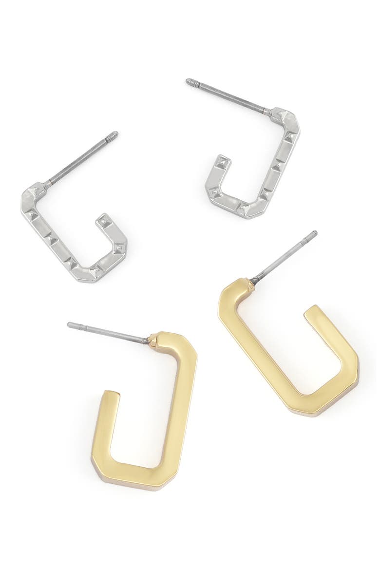 Set of 2 Hex Huggie Hoop Earrings, Alternate, color, TWO TONE SHINY