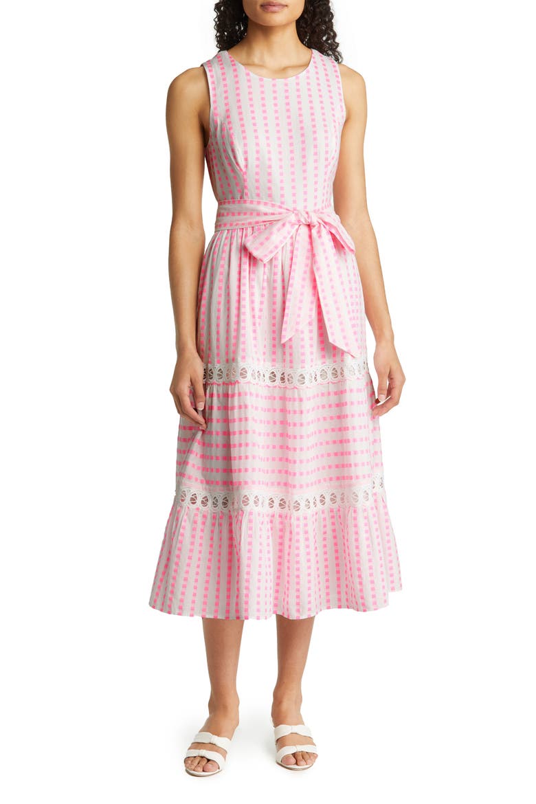 Maybella Gingham Lace Inset Cotton Dress, Main, color, PINK ISLE GINGHAM STRIPE