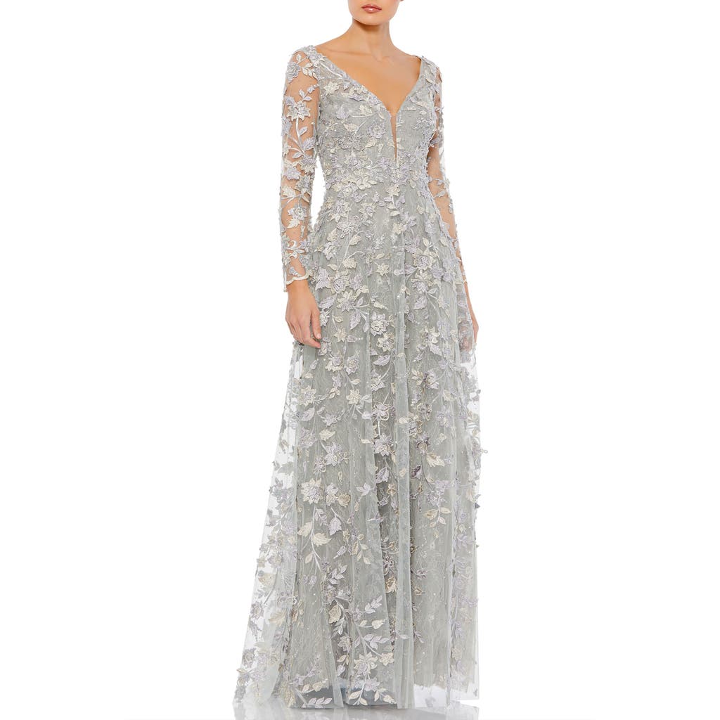 Mac Duggal Floral Applique Long Sleeve Illusion Gown In Platinum