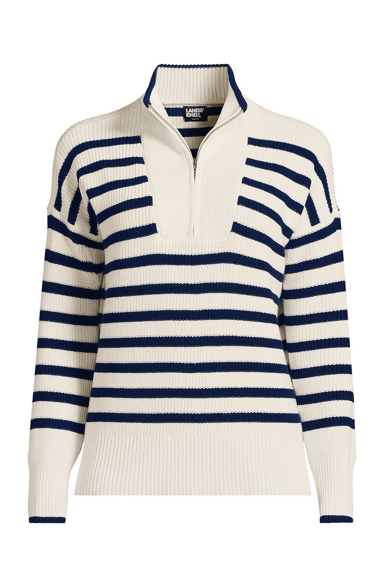 Lands
 End Plus Size Drifter Cotton Quarter Zip Pullover Sweater, Alternate, color, Ivory/Navy Stripe