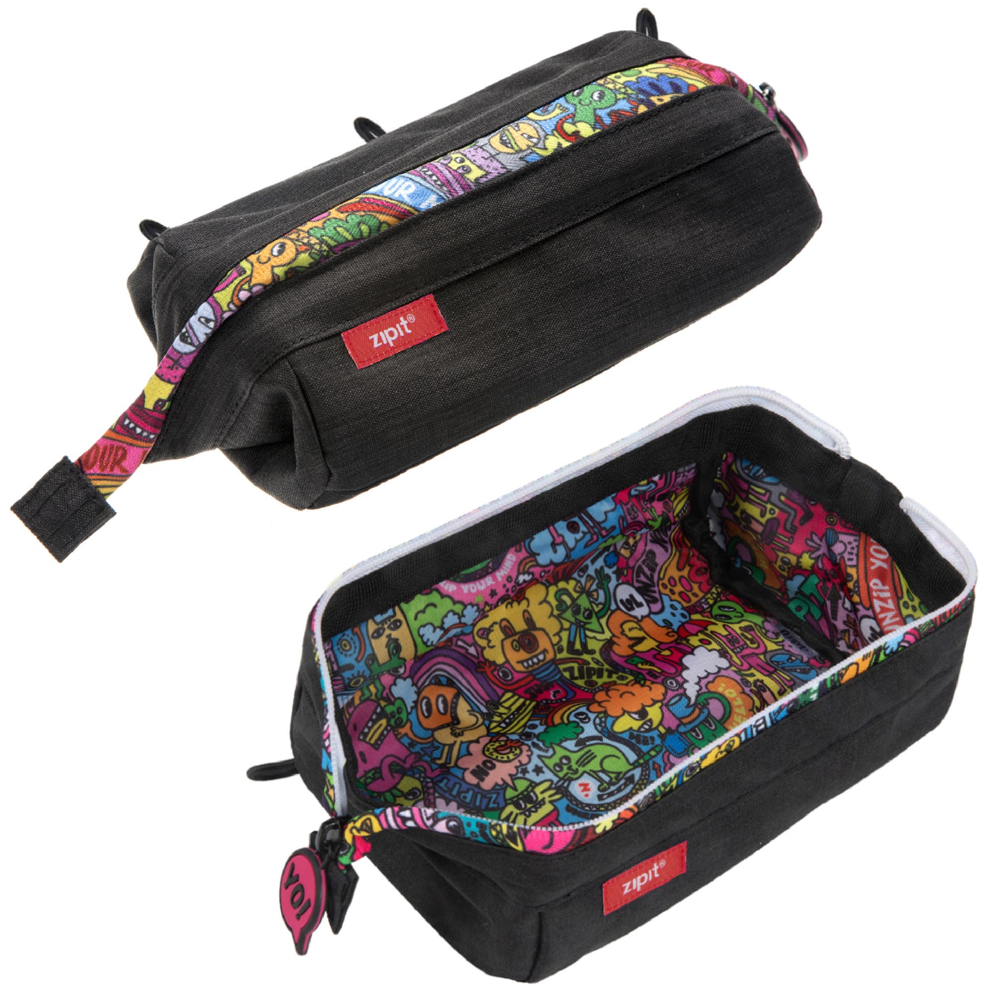 ZIPIT Lenny Pencil Case, Black & Doodles, Large Storage Capacity Zipper Pouch, Alternate, color, Black