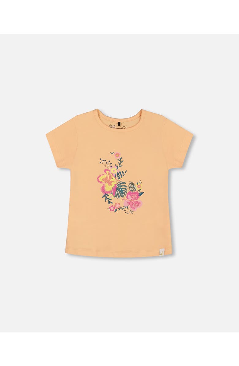 Deux par Deux Girl's Organic Cotton Tee Light Orange And Flowers, Main, color, 