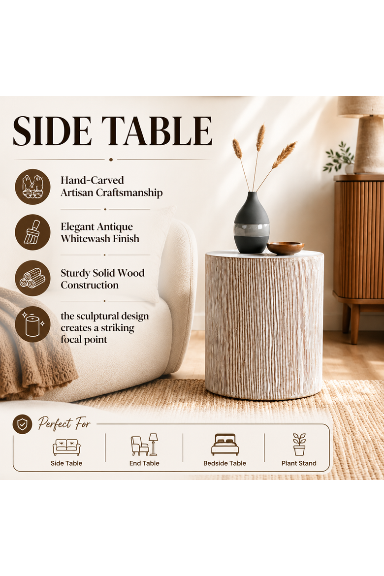 Hand Carved Wooden Stool Side Table, Alternate, color, Antique White