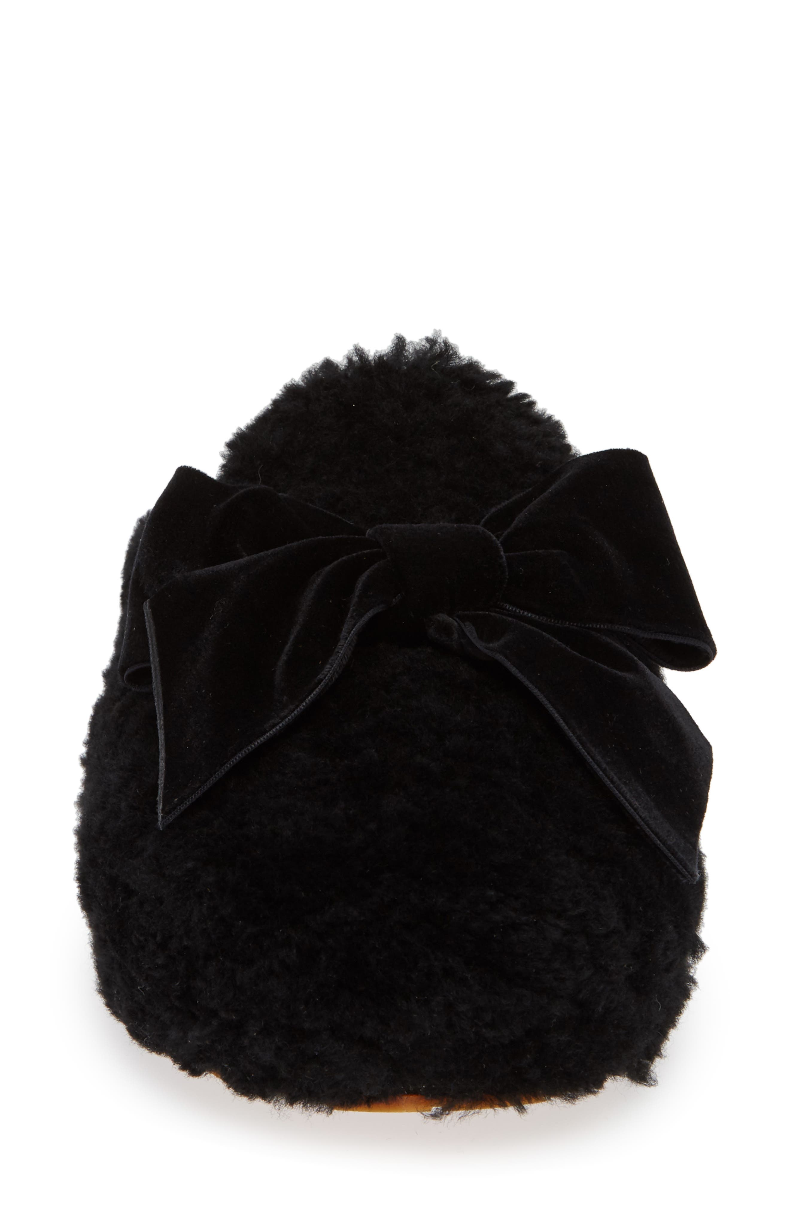 Addison Velvet Bow Genuine Shearling Slipper, Alternate, color, BLACK