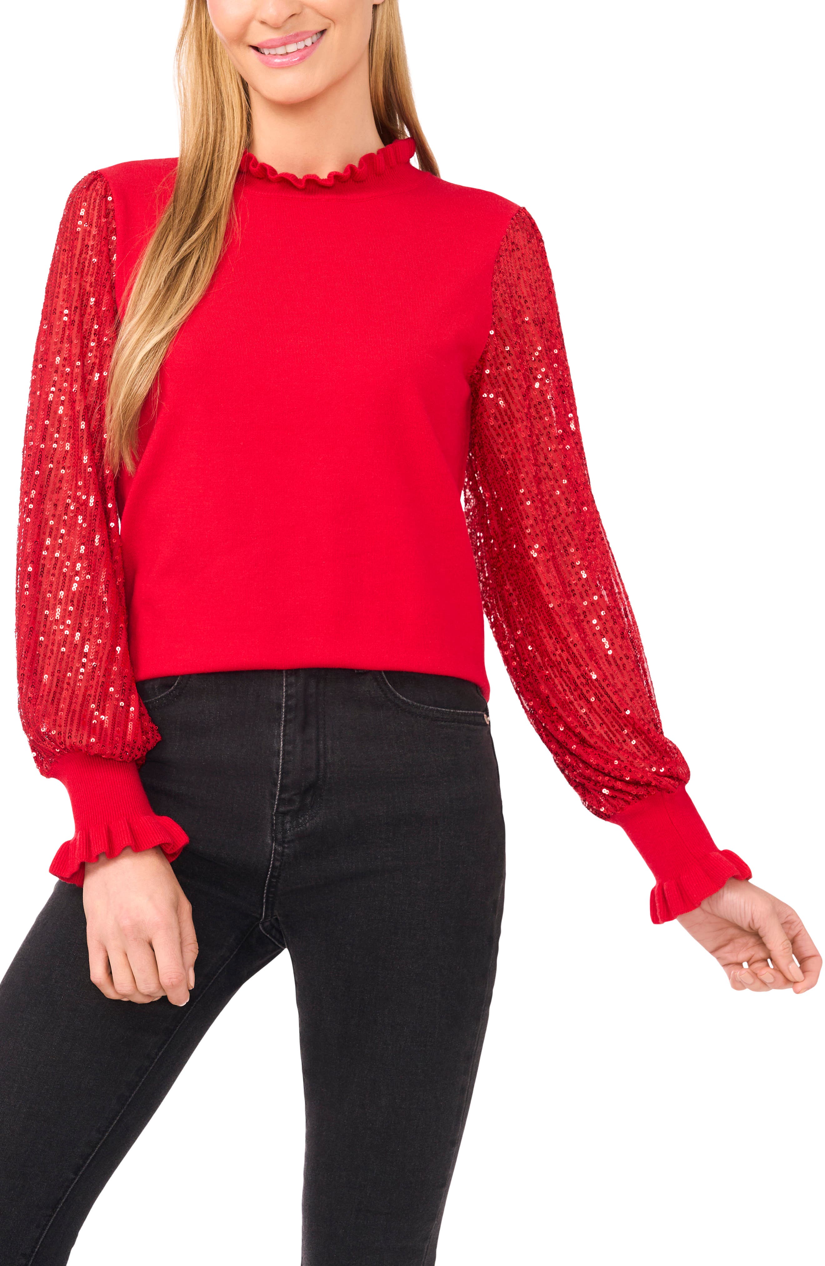 CeCe Sequin Sleeve Mock Neck Sweater