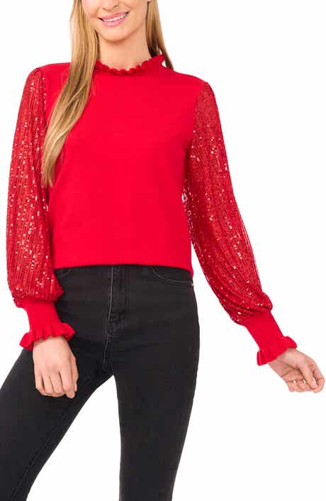 CeCe Sequin Sleeve Mock Neck Sweater