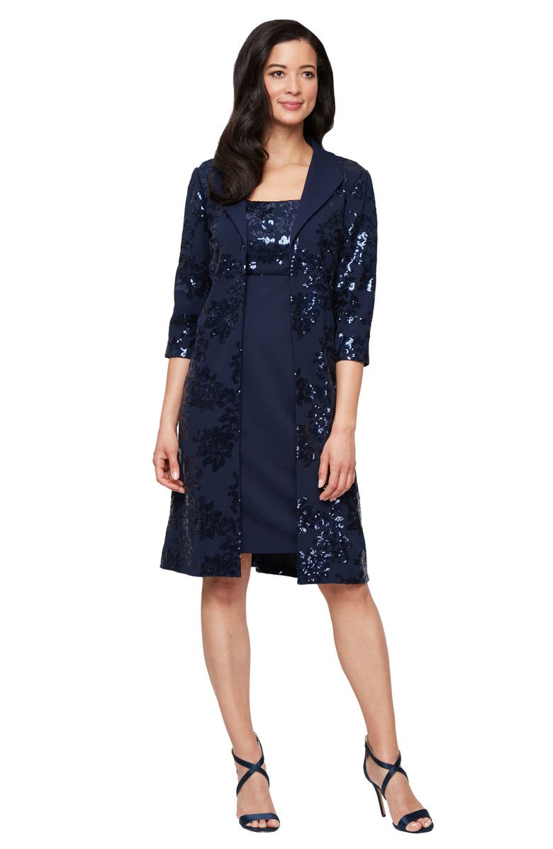 Alex Evenings Embellished Scuba Crepe Cocktail Dress with Jacket, Alternate, color, Navy