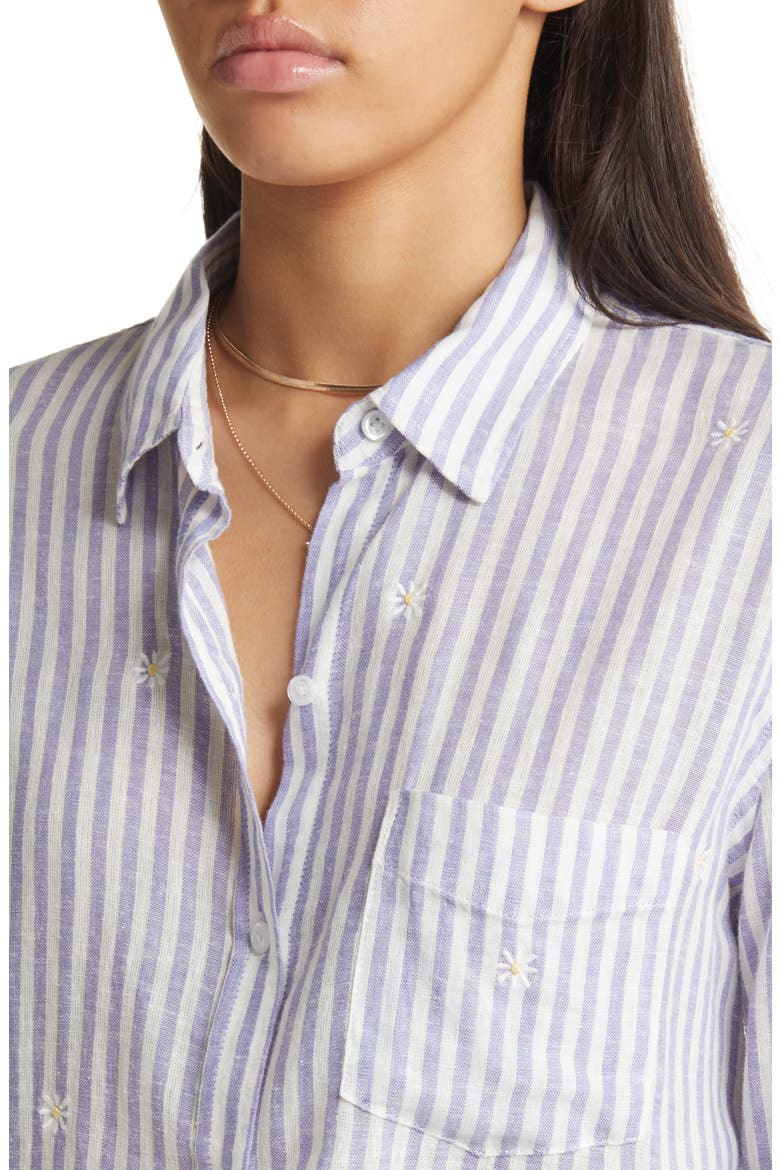 Women's Charli Stripe Linen Blend Button-Up Shirt, Alternate, color, BLUE STRIPE DAISY EMBROIDERY