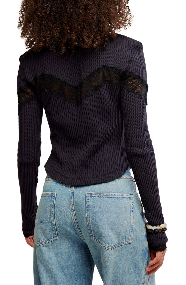 Free People Let's Party Lace Trim Cotton Waffle Cardigan, Alternate, color, Black