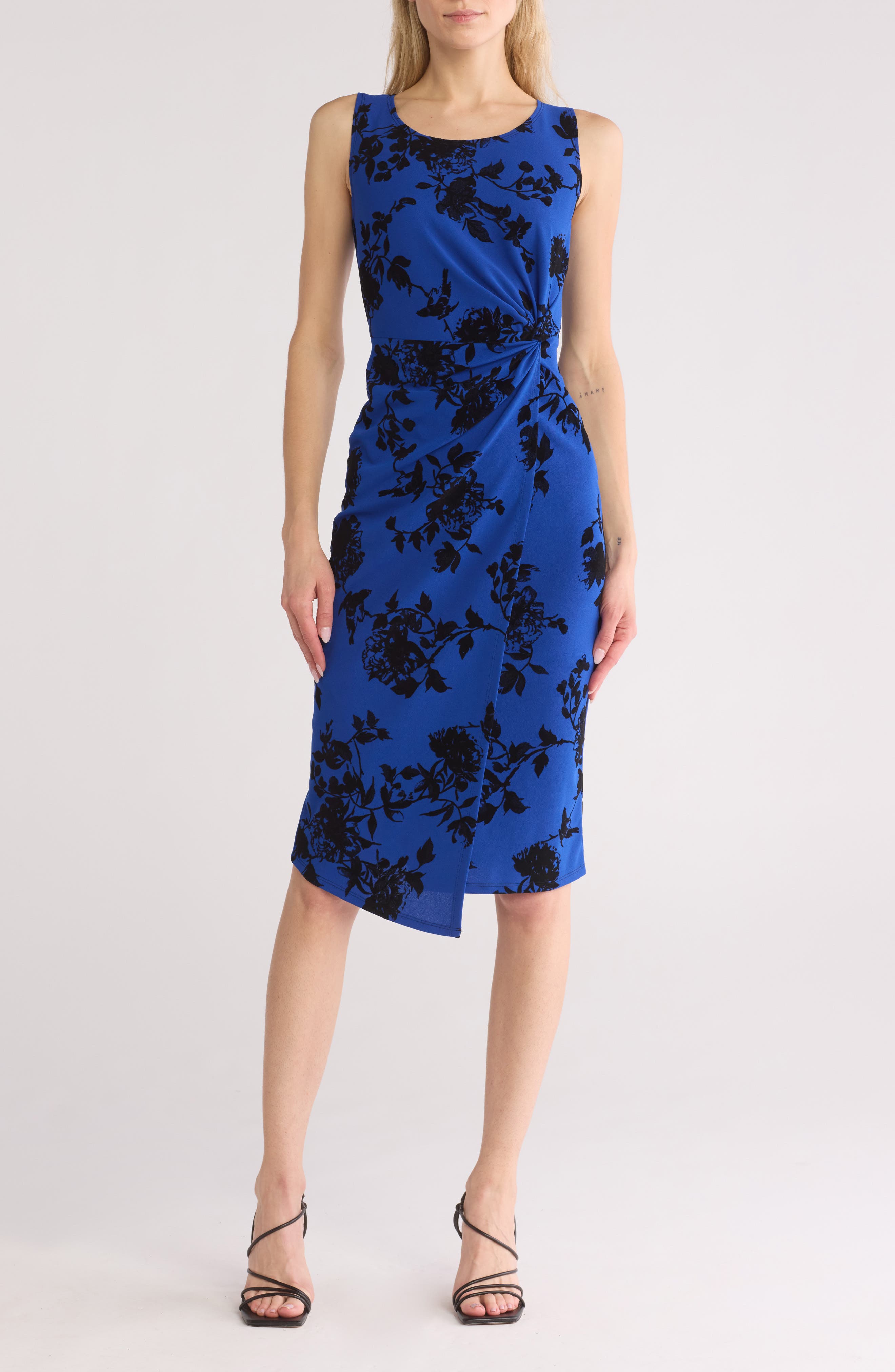 Connected Apparel Floral Flocked Sleeveless Faux Wrap Dress