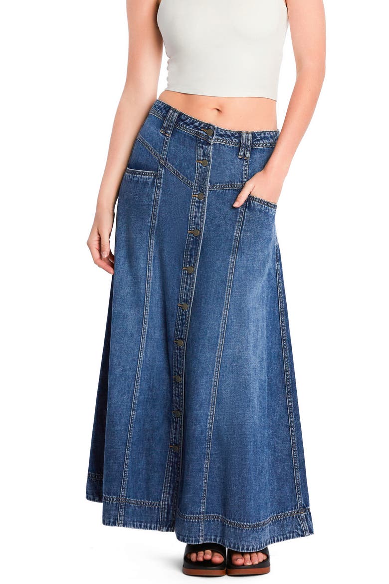 Panel Front Button Denim Maxi Skirt, Alternate, color, SHARK BLUE