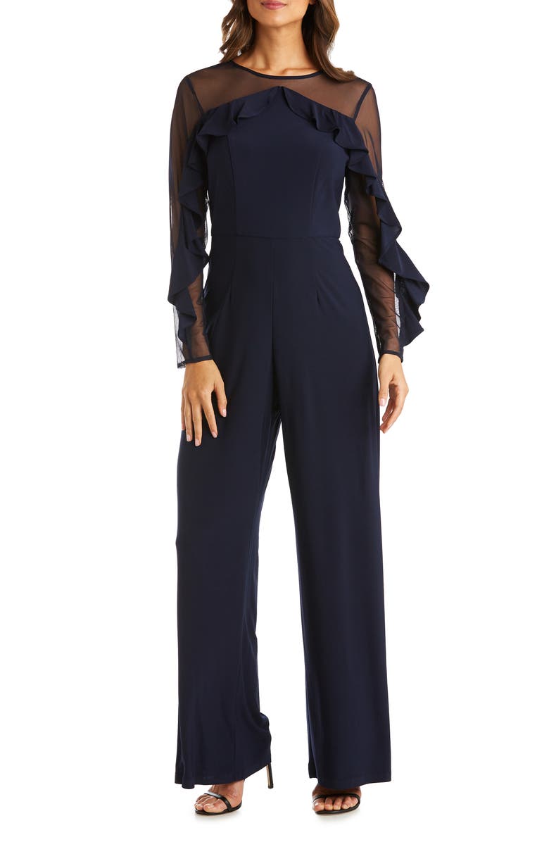 R&M RICHARDS Illusion Mesh Long Sleeve Ruffle Jumpsuit, Main, color, 