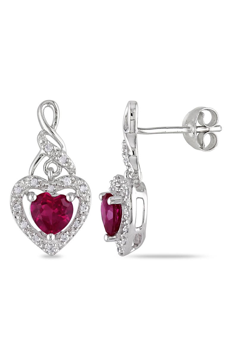 DELMAR Sterling Silver Lab Created Ruby & Diamond Drop Earrings, Main, color, Red