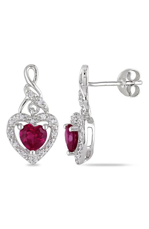 Sterling Silver Lab Created Ruby & Diamond Drop Earrings