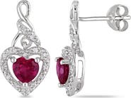 DELMAR Sterling Silver Lab Created Ruby & Diamond Drop Earrings