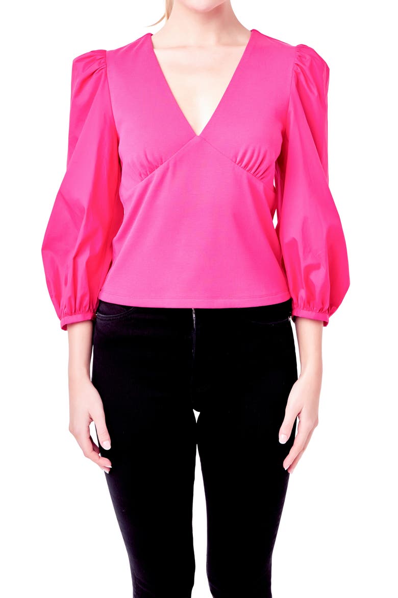 Balloon Sleeve Mixed Media Top, Alternate, color, MAGENTA