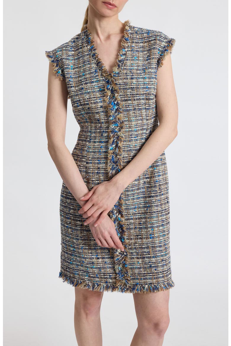 Tuscany Cap Sleeve V-Neck Sheath Tweed Dress, Alternate, color, Indigo