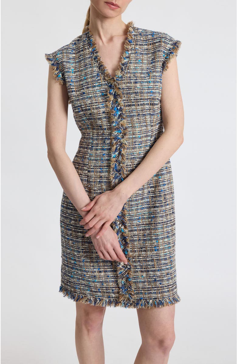 Santorelli Tuscany Cap Sleeve V-Neck Sheath Tweed Dress, Alternate, color, Indigo