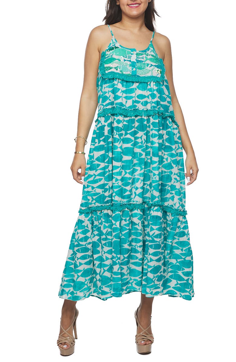 RANEES Ruffle Tier Cotton Maxi Sundress, Main, color, Blue